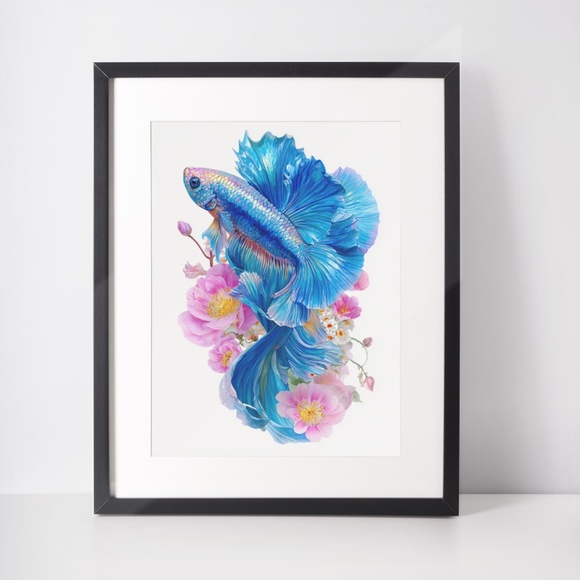 Watercolor Betta Fish with Flowers Wall Art Print Unframed - Enchanting Aquatic - Picture 3 of 6